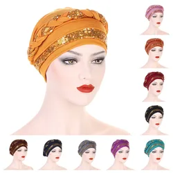 Nowe damskie czapki Turban z cekinami, jednolite warkocze, Twist capki na raka chemioterapia Chemo beanie czapka nakryta utrata włosów