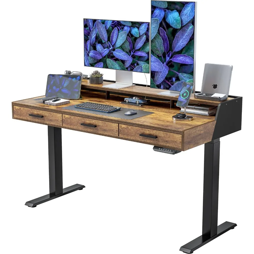 Electric Standing Desk with Drawers, 55x26 Inch Standing Desk Adjustable Height, Stand Up Desk with Monitor Shelf