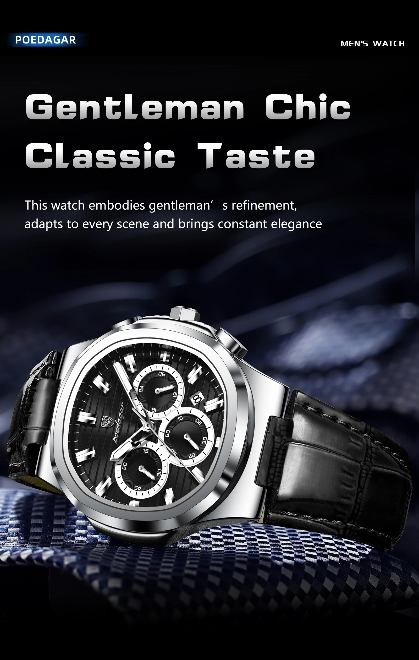 POEDAGAR Luxus-Herrenarmbanduhr, wasserdicht, leuchtend, Leder, modische Herrenuhr, Datumsanzeige, Chronograph, Quarz, elegante Herrenuhren, Reloj – Detail 6