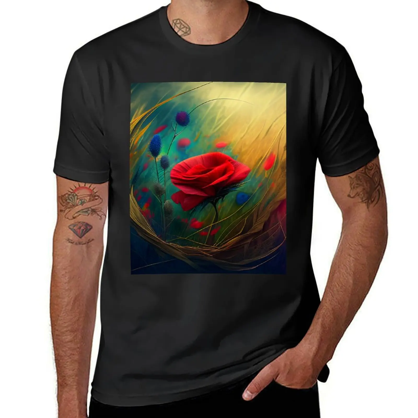 

Red Rose in a Field of Wild Flowers T-Shirt football t shirt custom shirt Aesthetic clothing cheap stuff workout shirts for men