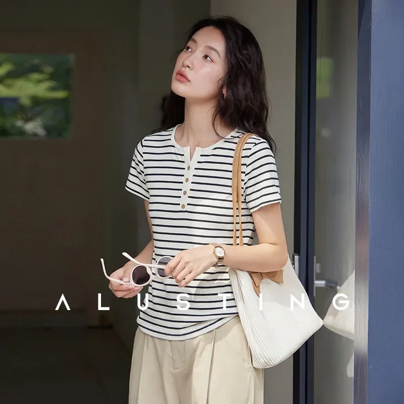 Women Striped Half Placket V Neck Tee Summer Casual Basic Short Sleeve Top