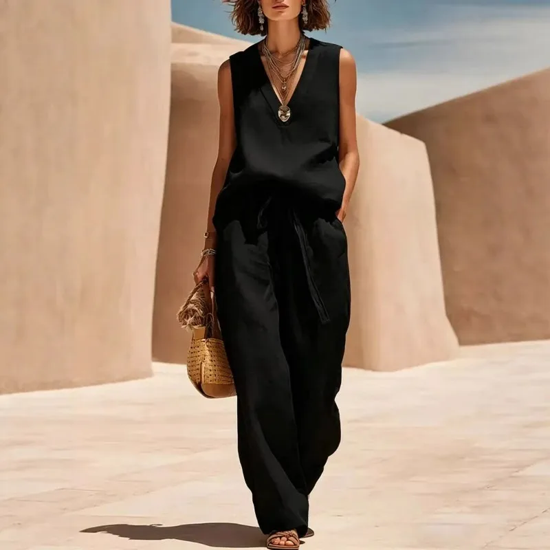 The New Spring Summer Women's Clothing Set with Sleeveless V-neck Made of Cotton Linen Europe and America Is Casual and Relaxed