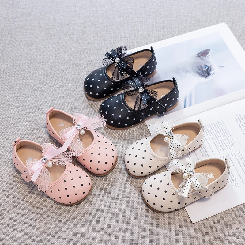 Children's Shoes Girls Round Toe Soft Sole Princess Shoes Korean Polka Dot Bow Design Lightweight Children's Shoes Shallow Mouth