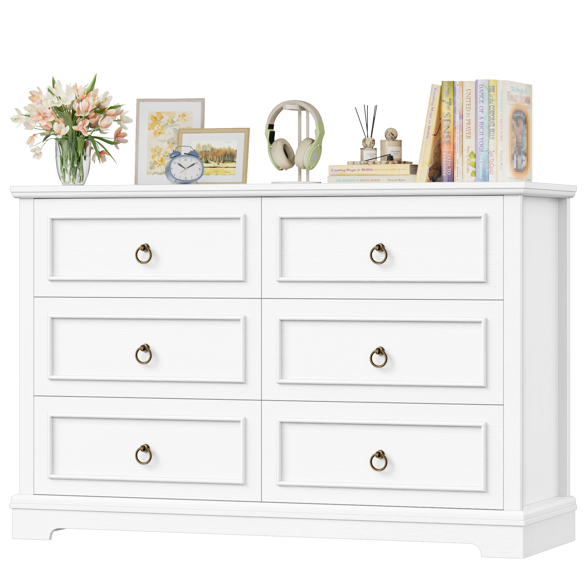 Kommode mit 6 Schubladen, 120 cm Breit Kommode mit Holzmaserung, Sideboard Komodenschrank für Schlafzimmer, Wohnzimmer, Sch