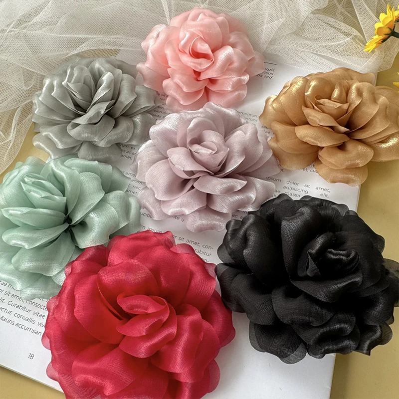 Parches de flores rosas de tela hechos a mano, apliques de flores de satén 3D para vestido de mujer, ropa, zapatos, bolsa, accesorios DIY, 1/2/5 Uds.