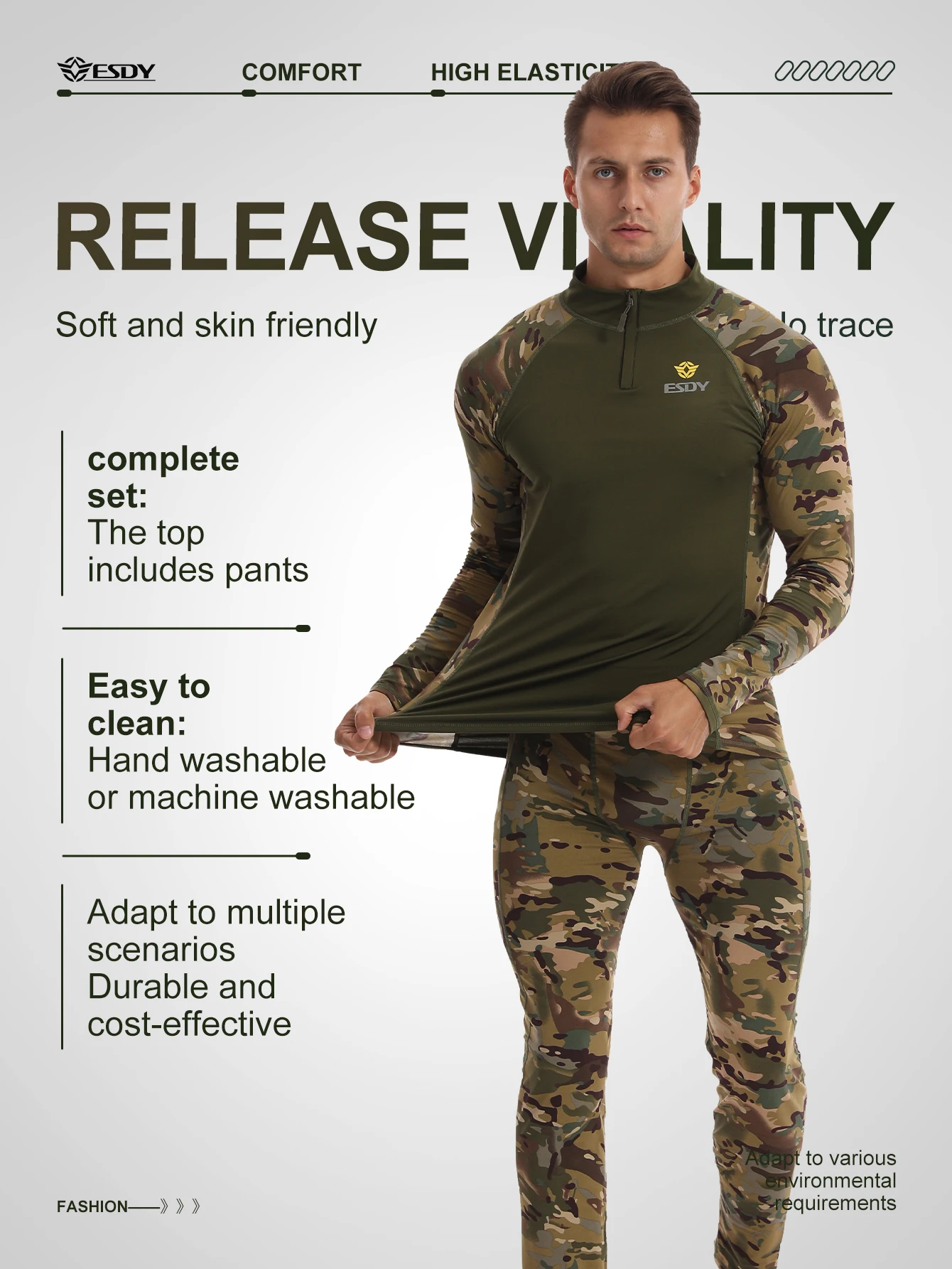 Esdy 1 Set of Men's Outdoor Sports Thermal Tights Set, High Elasticity, Thermal Protection and Cold Protection, Autumn and Winter Season Running, Cycling, Mountaineering and Skiing Sports Set