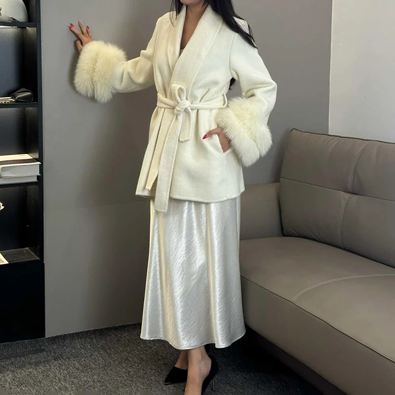 

Ticketsx Fur Loose Wool Coats Women Autumn V-neck Patchwork Long Sleeve Coats New Fashion Casual Solid Female Office Wool Coats