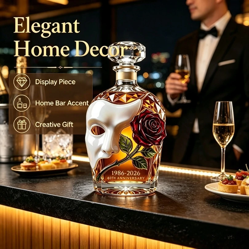 Vintage Hand‑painted Mask Rose Glass Wine Decanter Unique Decorative Spirits Bottle BarOrnament Premium Present For Housewarming