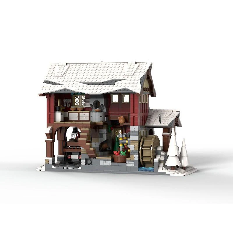 Small grain MOC building street view Winter scene Winter village Apple distillery assembled toy model Children\'s Christmas gift