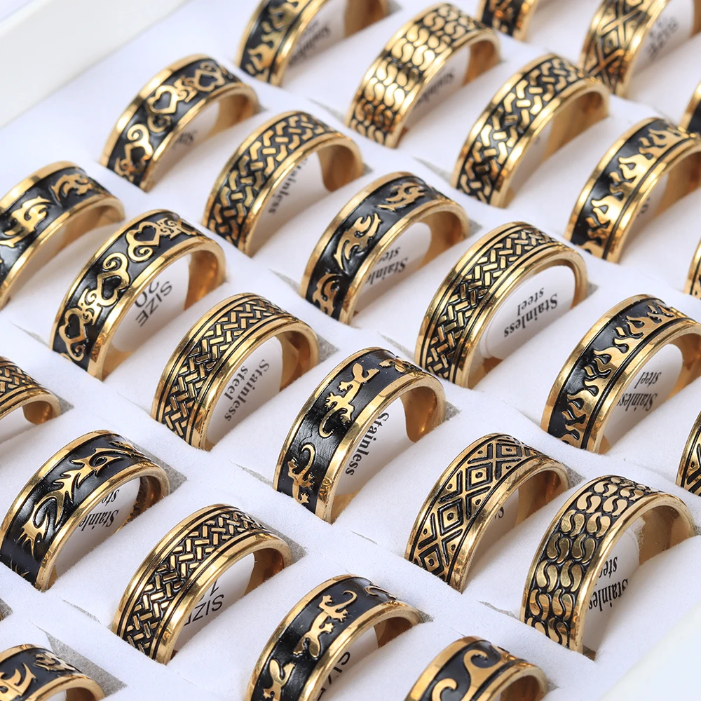 Wholesale 20 Pcs/Lot Golden Corrosion Carving Stainless Steel Rings For Men Women Mix Style New Vintage Jewelry