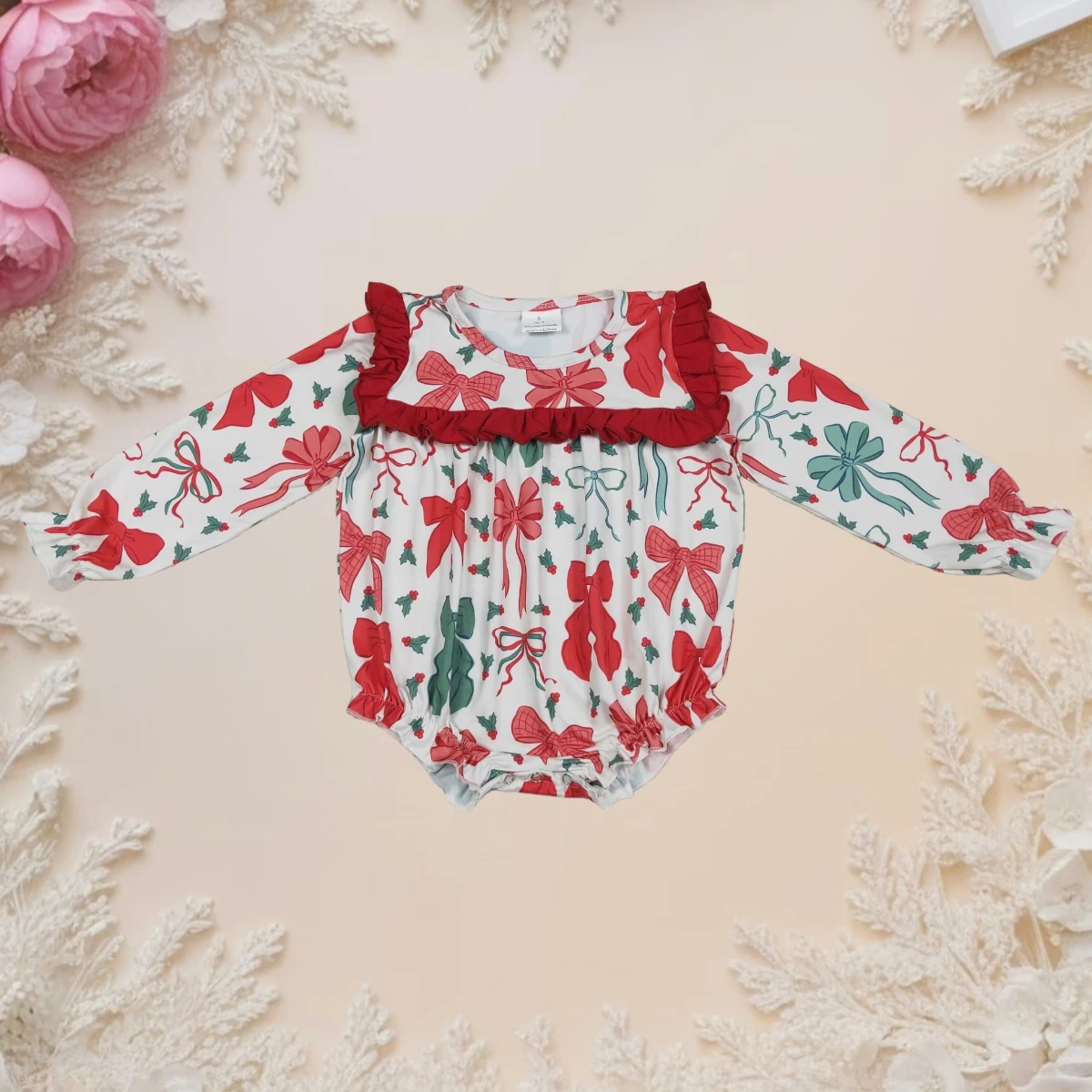 

Newborn Baby Girl Christmas Romper Button Kids Infant Bubble Clothing Bows Ruffled Long Puff Sleeve Crew Neck Toddler Jumpsuit
