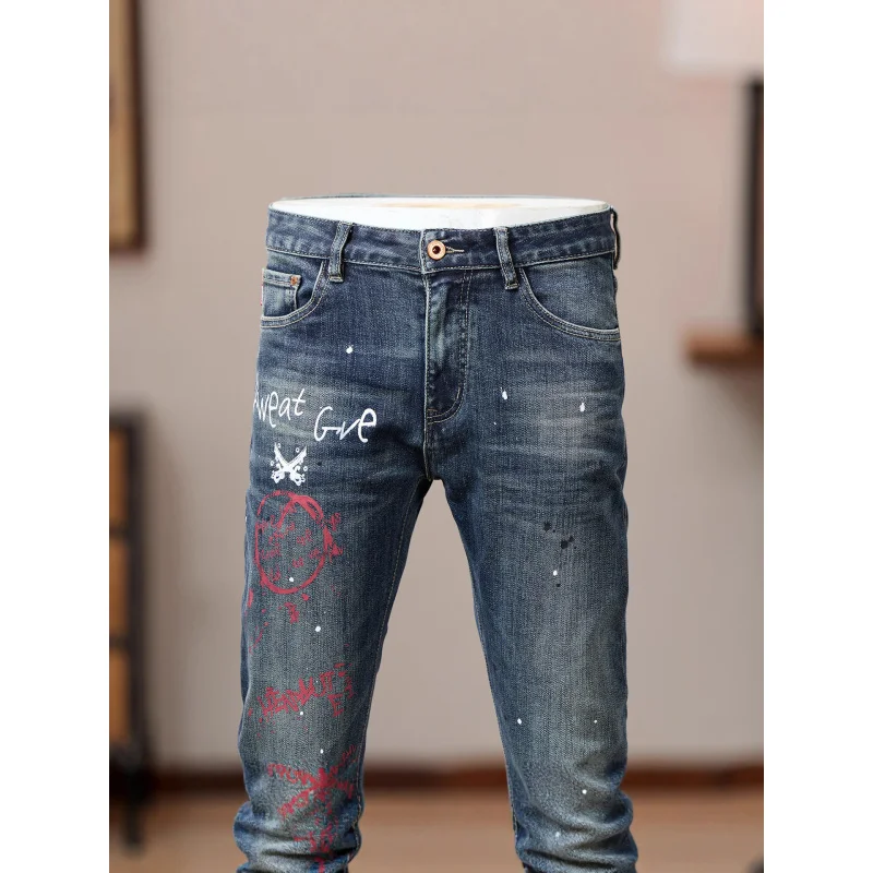 High end retro blue jeans men's autumn 2025 new trendy brand street paint printed slim fit small foot long pants
