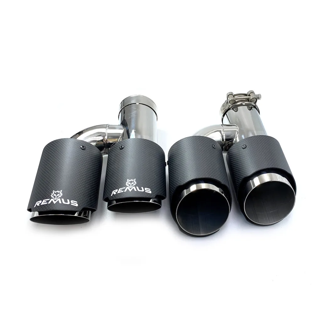 2PCS H Style Universal Dual Matt Carbon Fiber Exhaust Tip 304 Stainless Steel Modified Exhaust Tip With Remus Logo