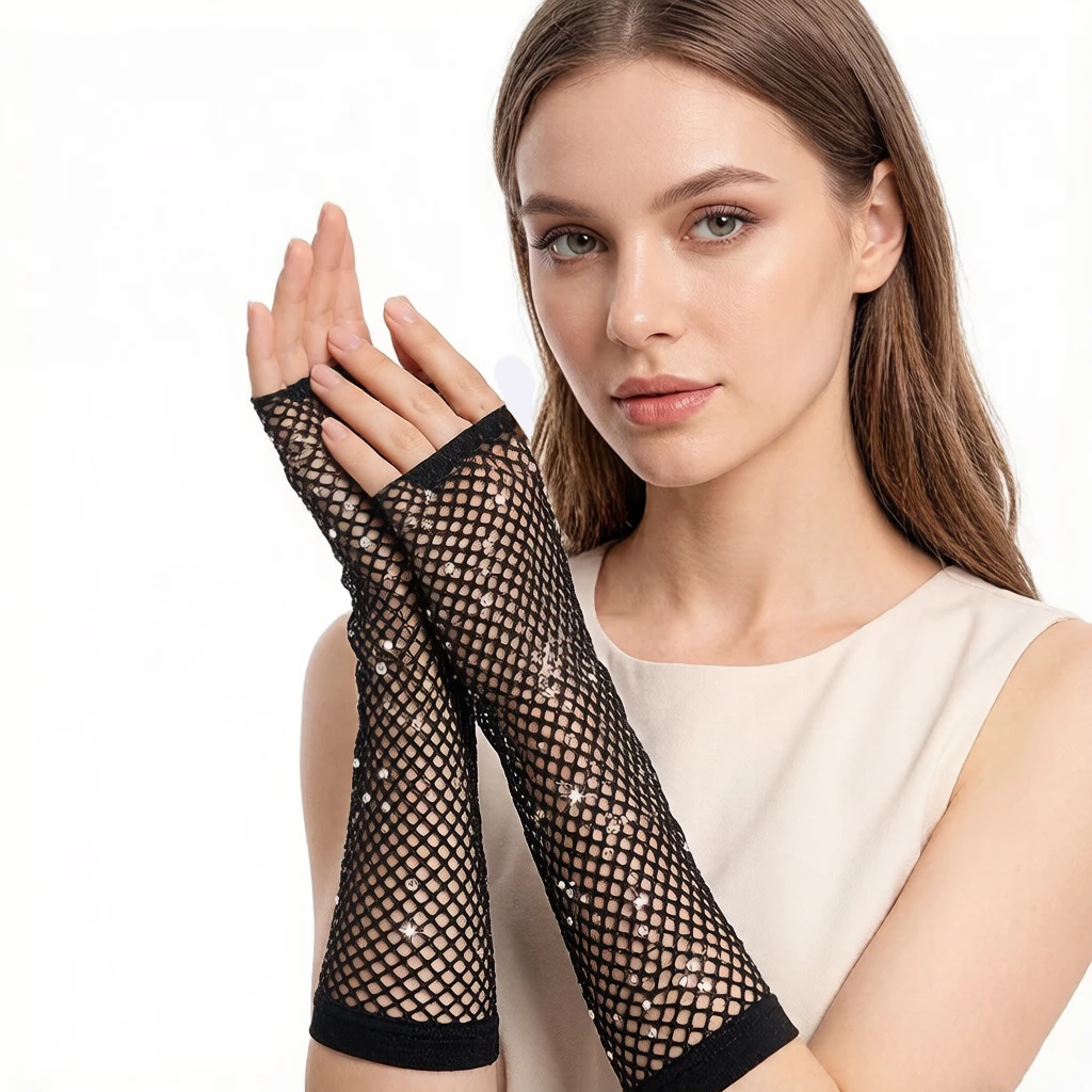 Women Ball Rhinestone Gloves Fishnet Elastic Mesh Gloves Party Nightclub Retro Sexy Punk Gothic Party Long Gloves Wedding
