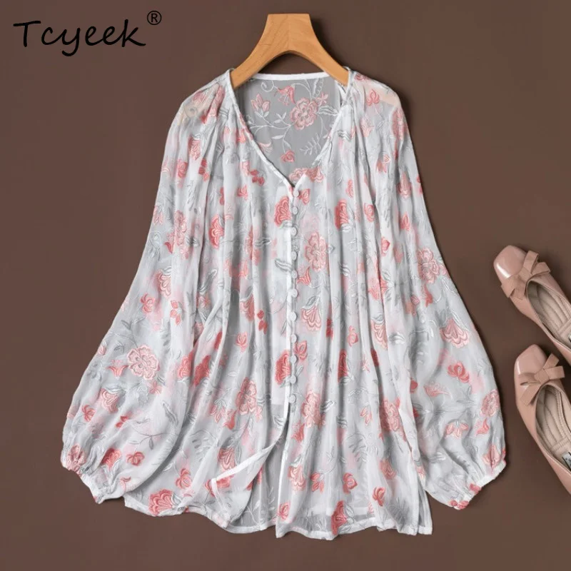Tcyeek 100% Real Mulberry Silk Women Blouse 2026 Summer Sweet Floral Embroidery Semi-transparent Tops Female Clothing Ropa Mujer