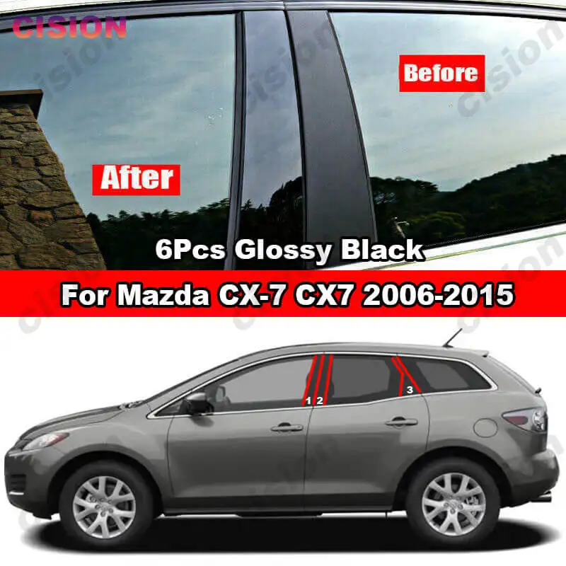光沢のある黒い車のドアセンターの柱のポストカバー、ミラー効果のトリム、ウィンドウ列pcステッカー、cx7、2006-2015、6個