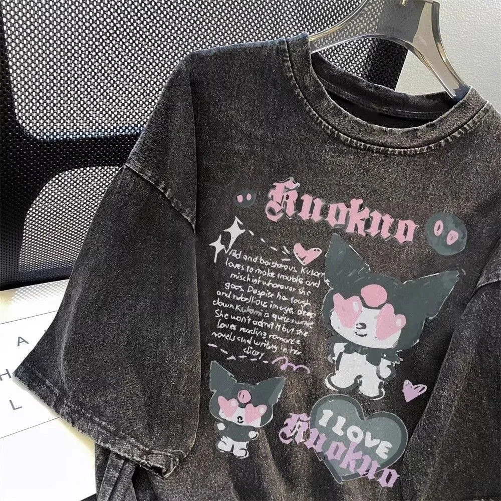 Sanrio Pure Cotton Kuromi Summer Short Sleeved T Shirt Women Japanese Kuromi Washed Oversize Loose Top Vintage Clothes 2024 New