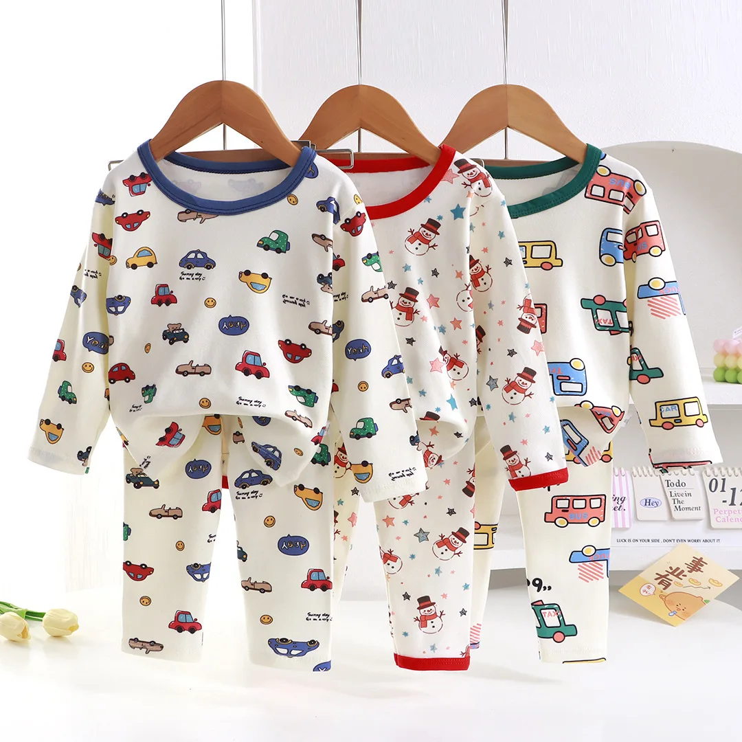 Kids Autumn Warm Pajamas Sets Baby Boys Girls Christmas Cartoon Long Sleeve T-Shirt Tops with Pants Pyjamas Xmas Sleepwear