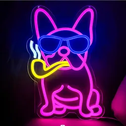 Ipuppy Cool Franse Bulldog Neon Bord Voor Muur Decor Sm0king Frenchie Dragen Bril Led Neon Lights Fench Bulldog Accessoires