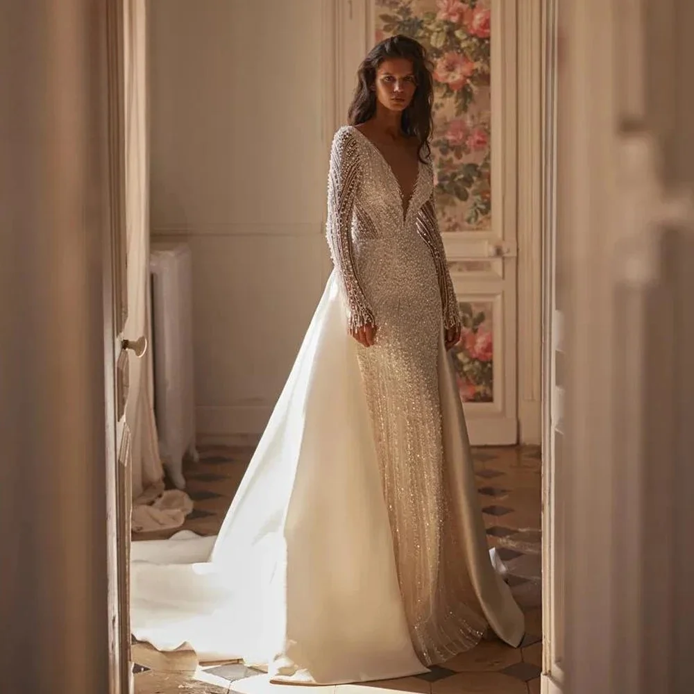 

Luxury Pearl Mermaid Sexy Wedding Dresses Scalloped Long Sleeve Vestido De Novia Detachable Train Custom Made Bridal Gown
