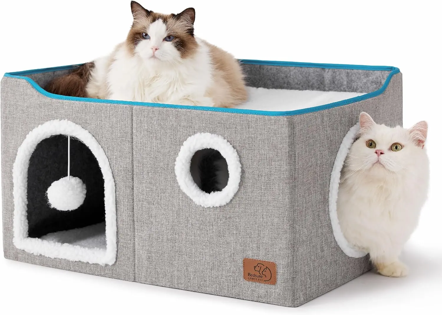 

Extra Wide Foldable Cat Cube House with Fluffy Ball and Scratch Pad, Grey, 23.6x16.9x13 inches for Indoor Pets
