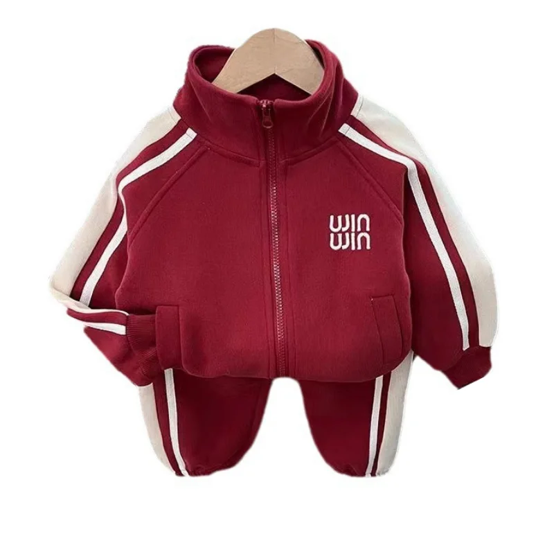 Boys Coat +Pants Kids Suits 2PCS/Set Cotton 2024 Red Wine Spring Autumn Cotton Tracksuits Sport Christmas Gift Children Clothing