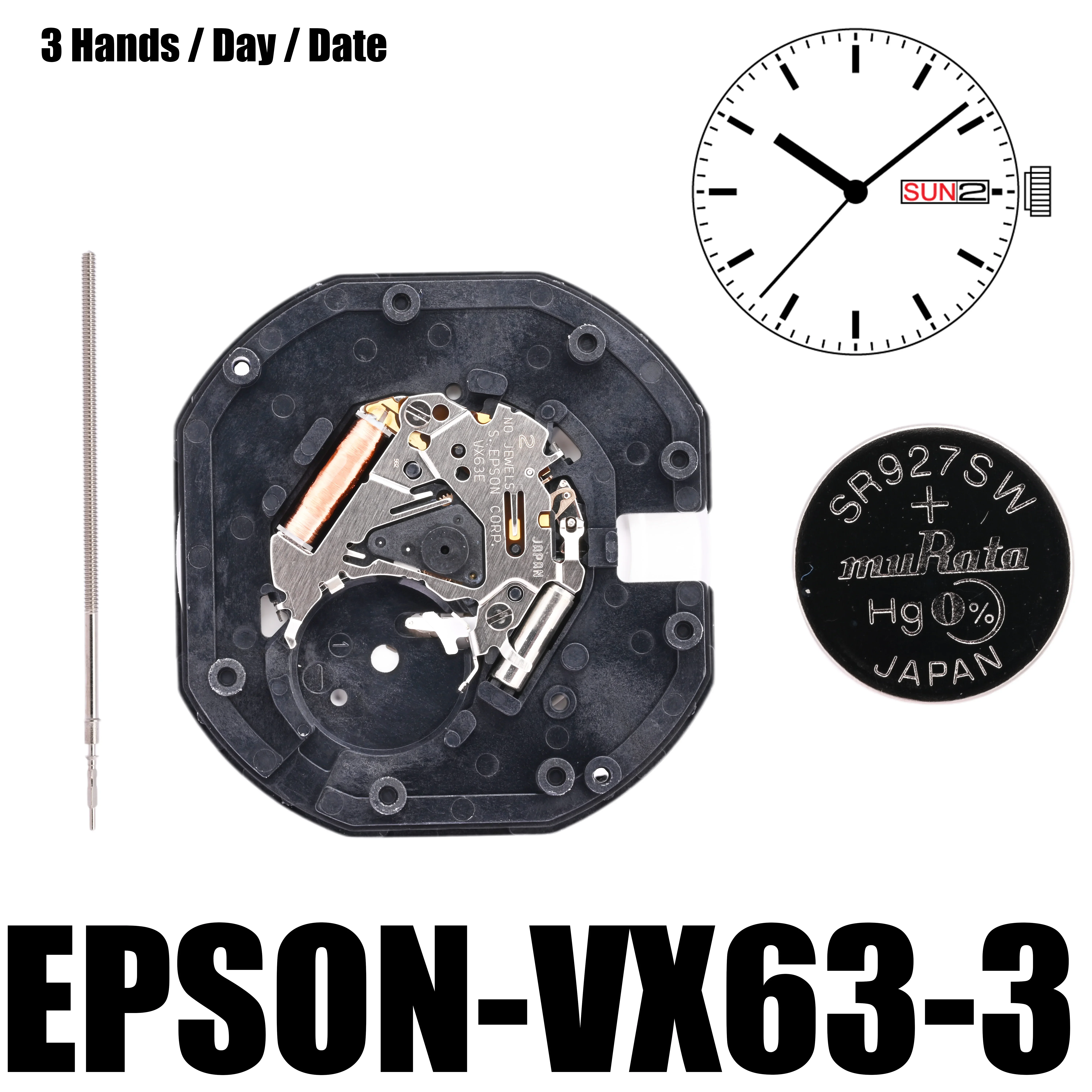 VX63 Movement Epson VX63E Movement  Japan Genuine VX Calendar Series Size:13 1/2''' 3 Hands/Day/Date display at 3:00