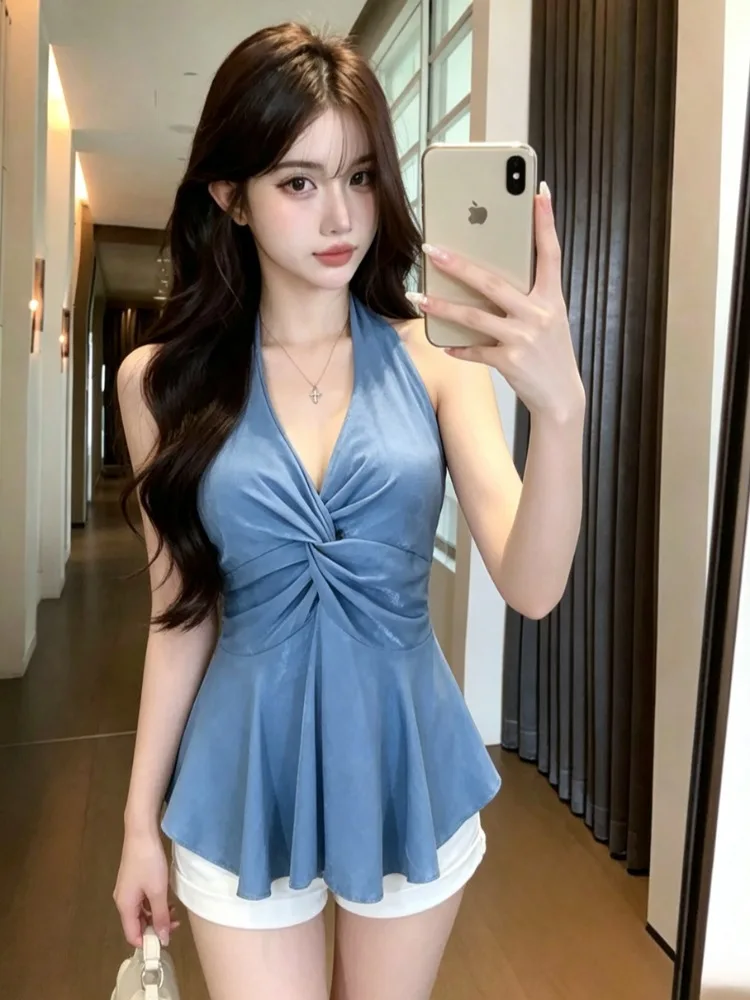 

Summer New Style Sexy Girl V-neck Splice Backless Short T-shirt Gathered Waist Slim Vest Strapless Knitted Mid-waist Citywalk
