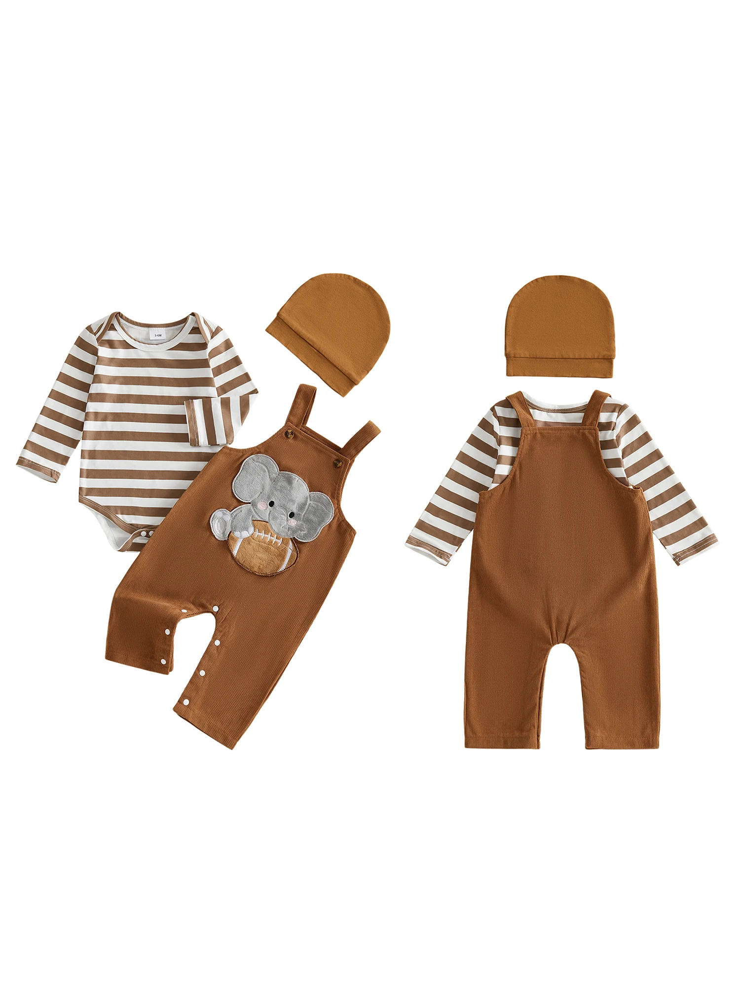 

Adorable Baby Boy s 3-Piece Outfit Set Stylish Long Sleeve Striped Romper with Elephant Embroidery Overalls and Matching Hat