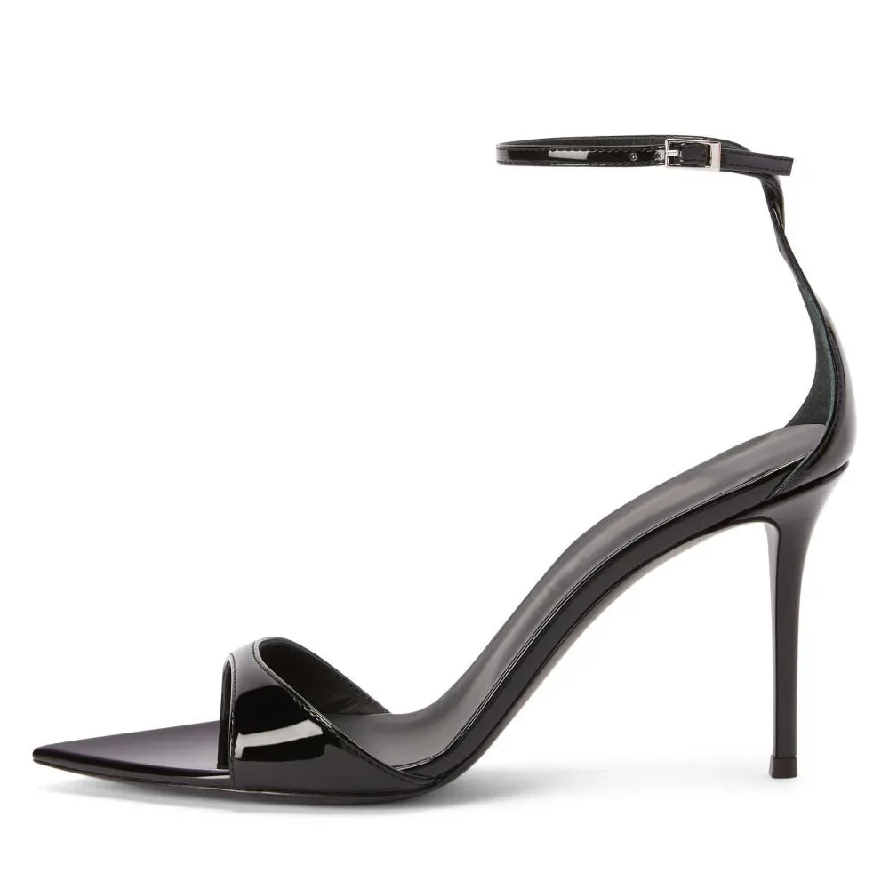 

2026 Summer New Gold Thin Heel Sandals Pointed Toe Word Cingulate High Heels Sexy Ankle Strap Simple Sandals Patent Leather Shoe