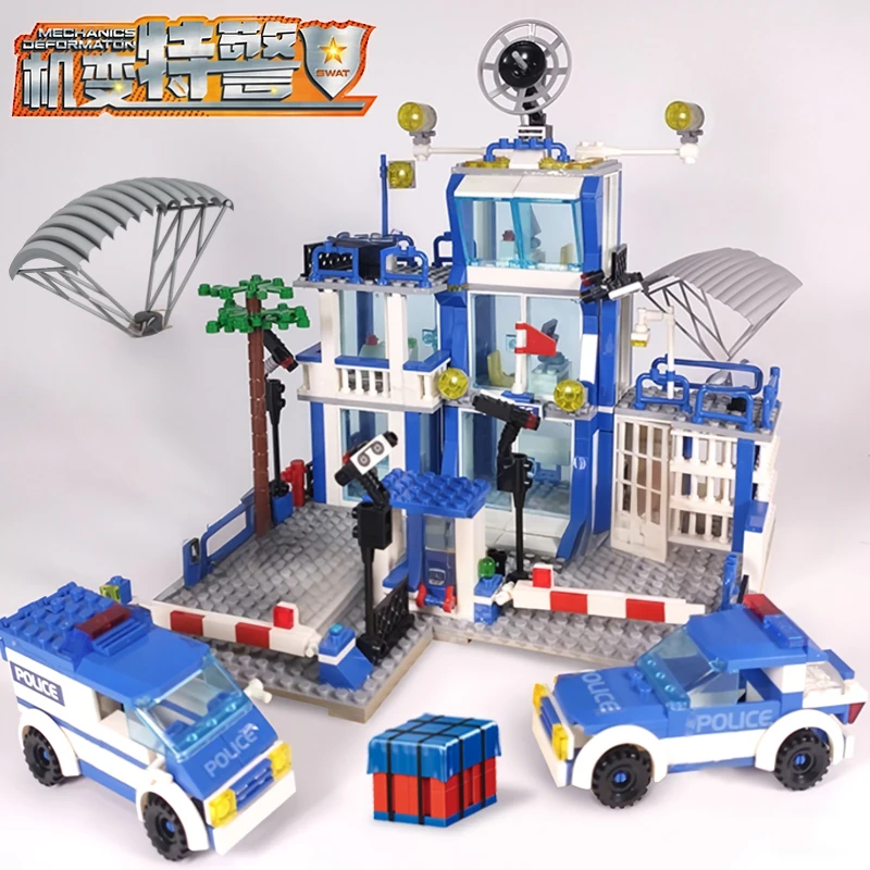 مجموعة مكعبات بناء مركز الشرطة مع سيارة شرطة للأولاد، لعبة سيارة تعليمية هدية عيد ميلاد للأطفال #3