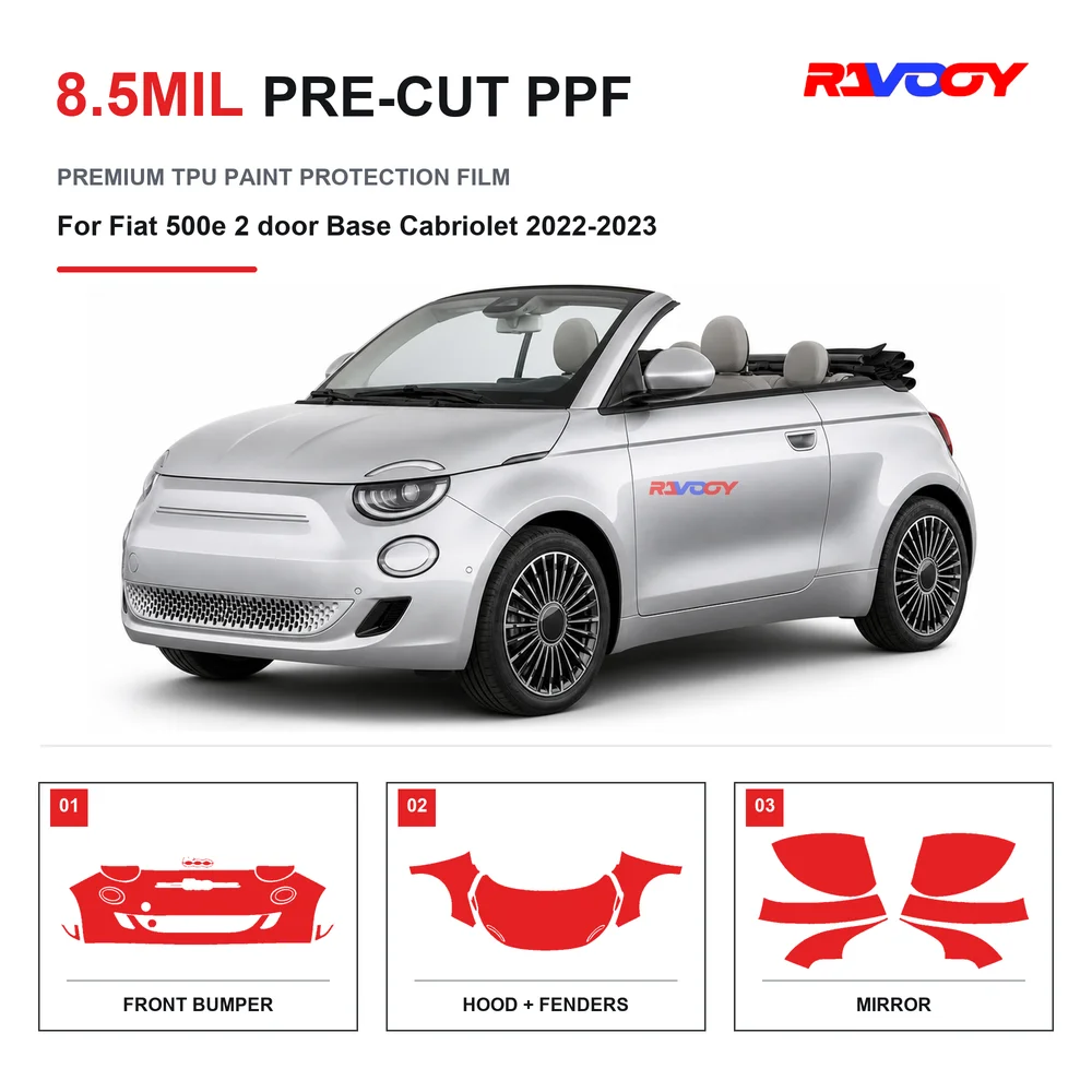 Precut PPF For Fiat 500e 2 door Base Cabriolet 2022-2023 8.5mil TPU Clear Paint Protection Film Self Healing Hydrophobic UV