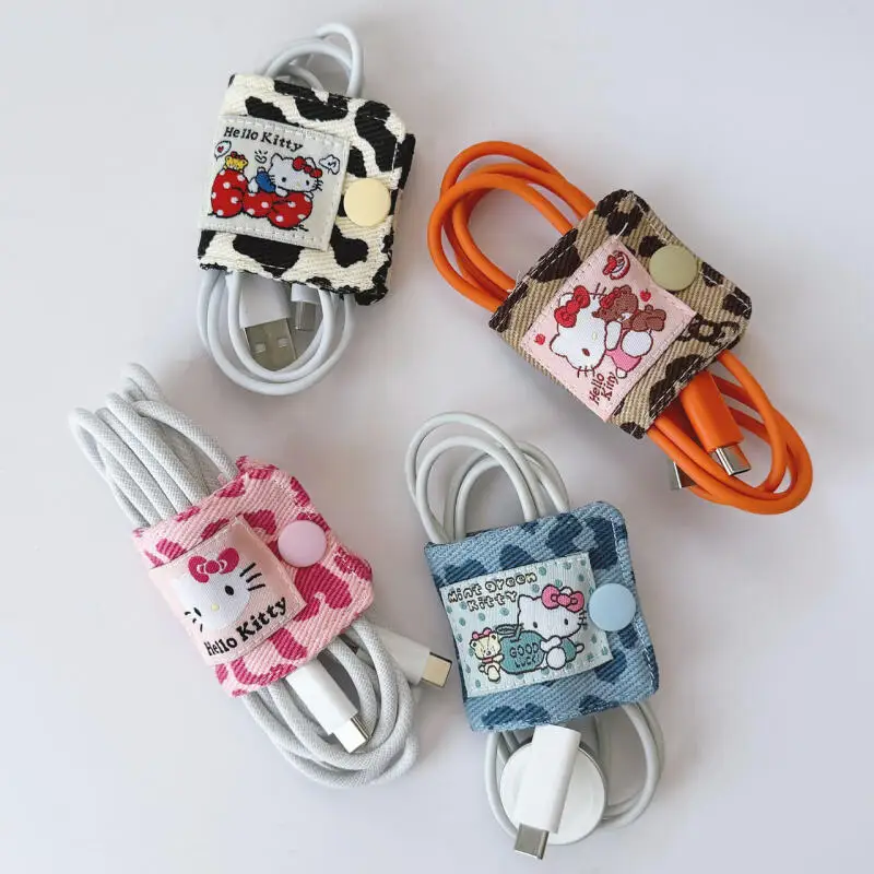 

Sanrio Hello Kitty Leopard Print Denim Fabric Data Cable Storage Clip Kt Cat Charging Cable Storage Bag Brush Storage Case Gifts