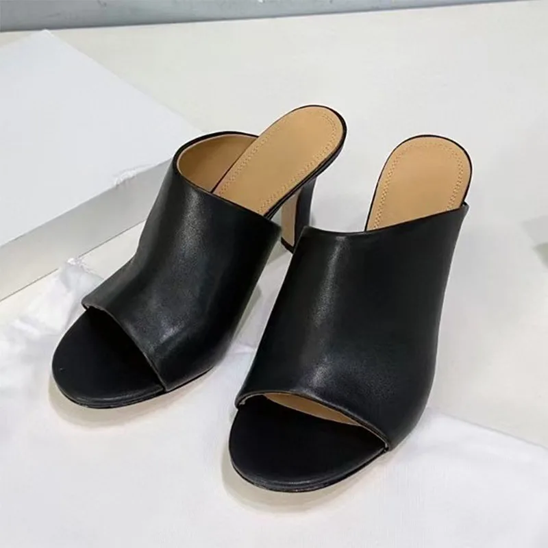 

Летние тапочки на высоком каблуке, женские подиумные туфли из натуральной кожи, женские туфли-лодочки с круглым носком, женские шлепанцы на тонком каблуке