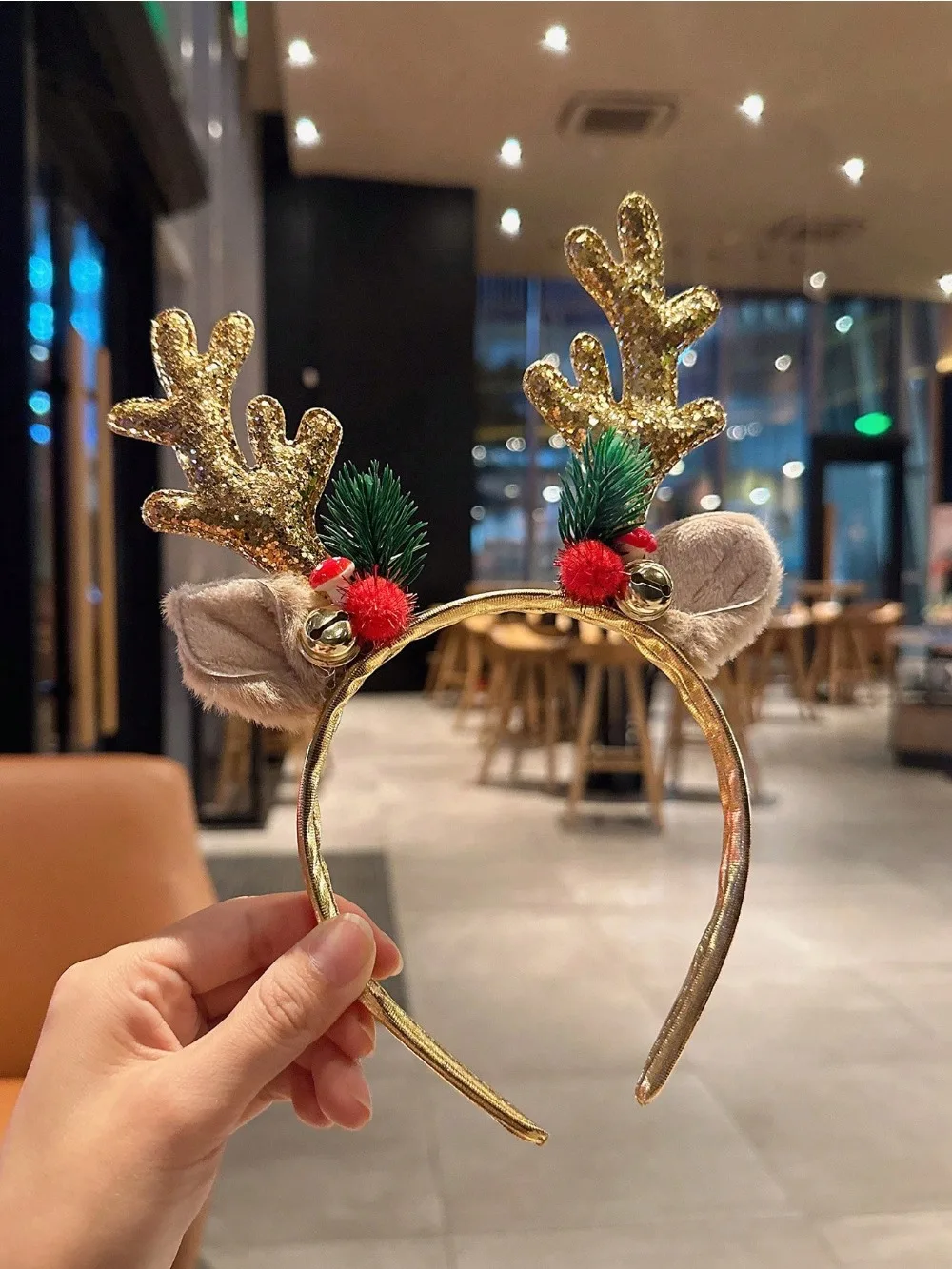 1pc Gold Sequin Mushroom Christmas Headband Big Deer Horn Bell Sequin Festive Headwear For Women Forest Style Hair Accessories