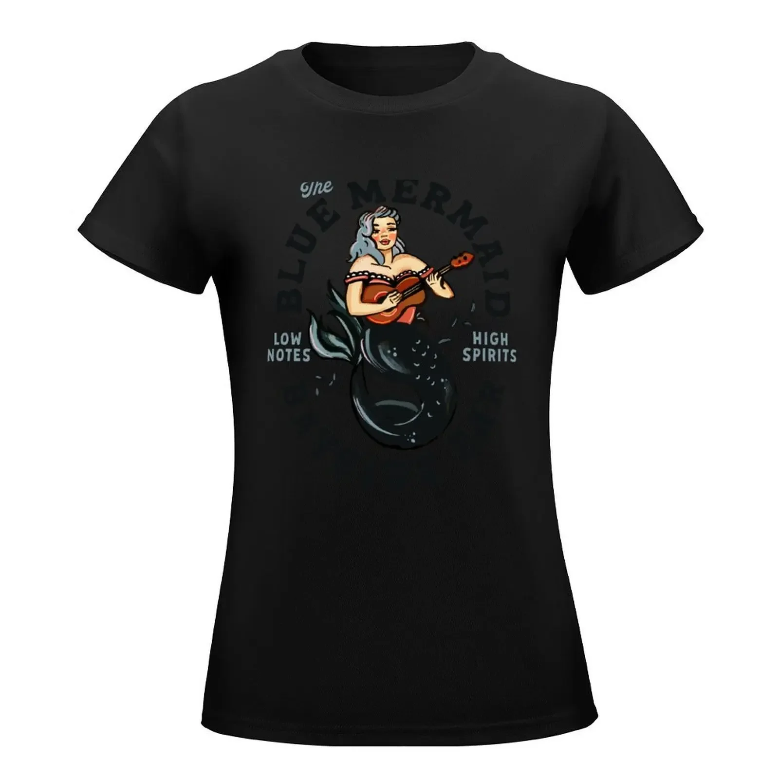 The Blue Mermaid Bayside Bar: Vintage Pin-up Girl Playing Guitar Travel Art T-Shirt summer top oversized clothes for Women