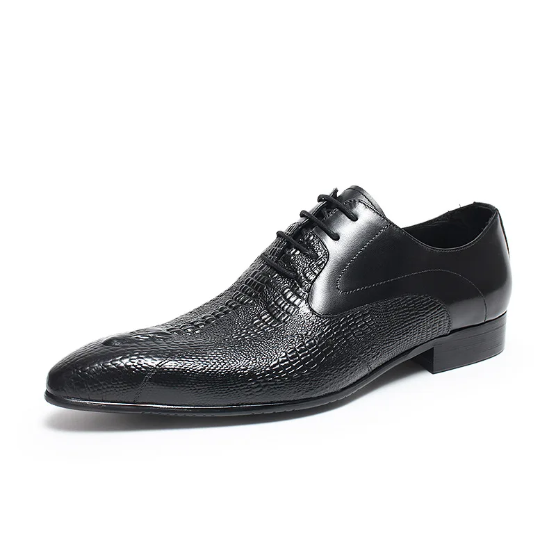 Summer Pointed Toe Breathable Top Layer Cowhide Men's Business Casual Leather Shoes Crocodile Embossed Trendy Formal Dress Shoes
