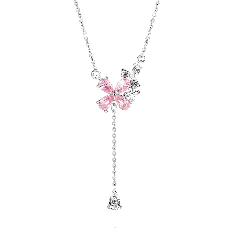 

S925 Sterling Silver Sparkling Zircon tassel Pendant Pink Flower Clavicle Chain Women's Valentine's Day Anniversary Gift