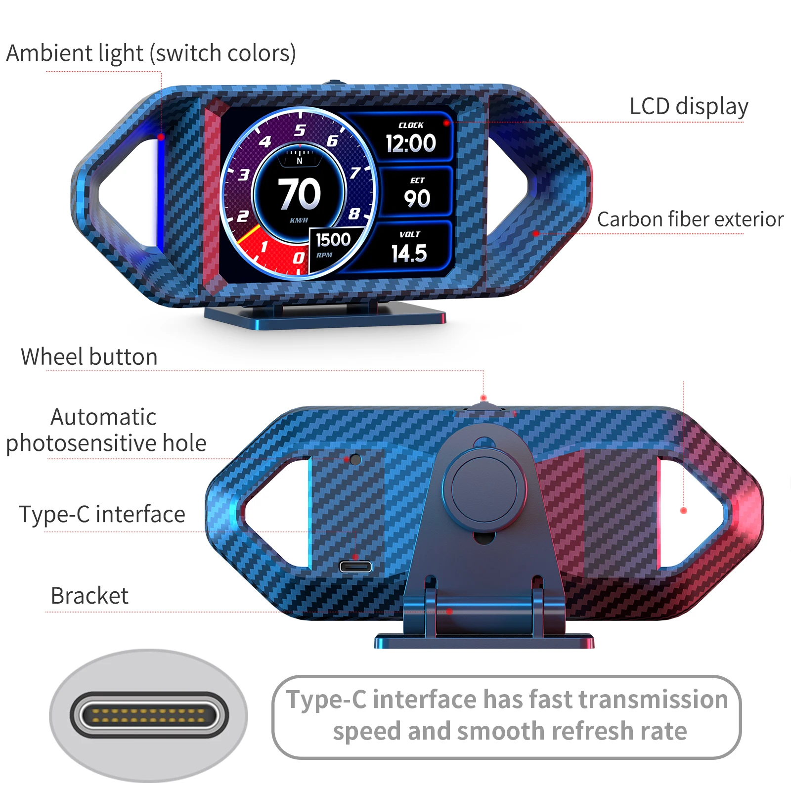 Mehrere Ausführungen Auto-Head-Up-Display OBD2 Intelligenter Digitaler Armaturenbrett-Bordcomputer mit Geschwindigkeitswarnung und Ermüdungserinnerung – Detail 18