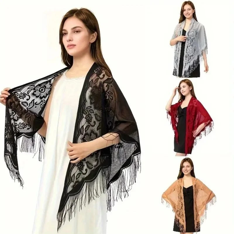 

F92D Fashion Lace Shawl with Tassels Breathable and Sun Protective Shoulder Wrap Scarf for Various Occasion and Outfit