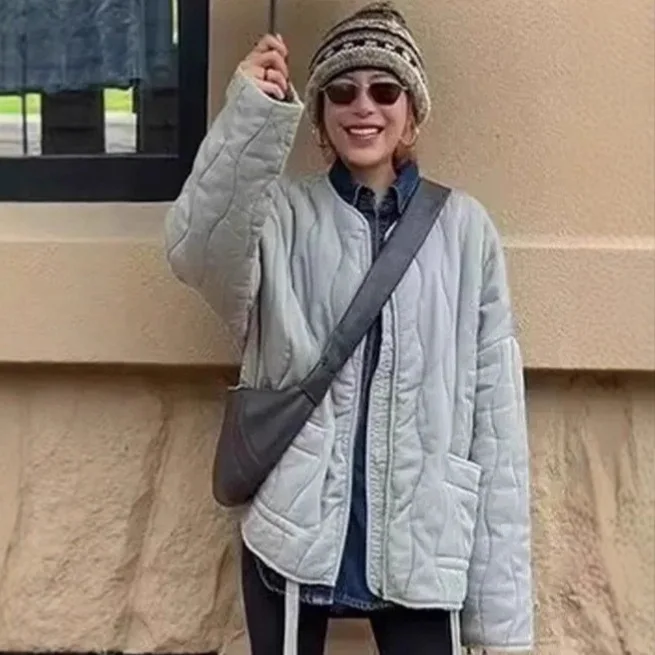 

Washed Cotton Jacket Zipper Quilted Solid Color European And American Style Women's Outerwear Zipper Puffer Jacket