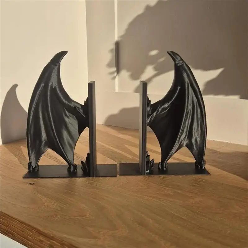 M09K Decorative Bookend Supports, Black Gothic Bat Wing Design For Shelves, Heavy Duty Non-Slip Book Stoppers