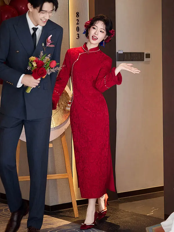 

Red Fce Lined Thiened Winter Qipao Wedding Dr for Engagement And Marriage Chinese Sle New Bride Gown Return Gift Dr