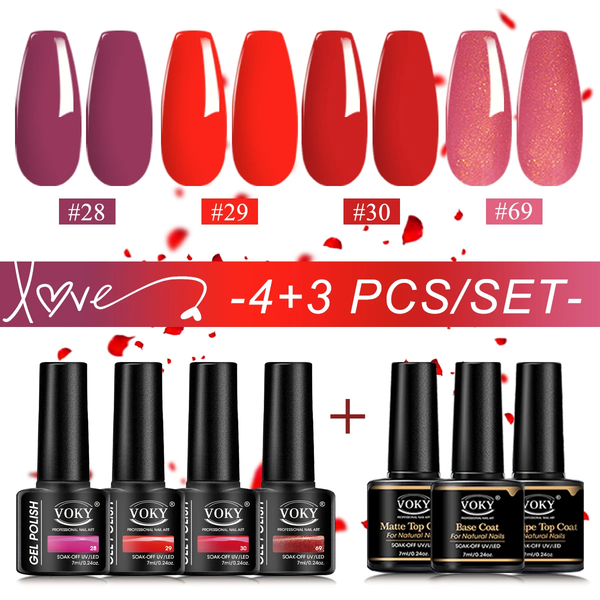 Ensemble de vernis à ongles VOKY 7ML, de couleurs vives, comprenant un couche de base et un couche de finition, des ongles de qualité salon.