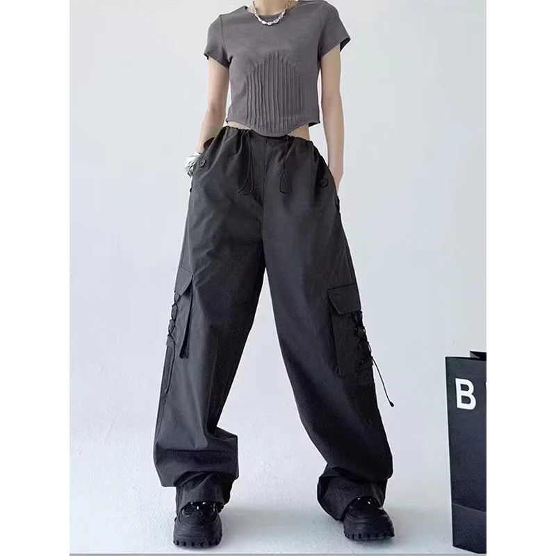 American Style High Street Summer Women Pants Solid Elastic Waist Drawstring Pocket Pleated Casual Loose Wide Leg Cargo Trousers