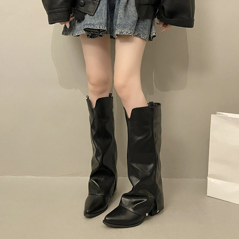 

Vintage Round Toe Knee High Boots Women Designer Back Zipper Square Heels Shoes Ladies Knight Booties