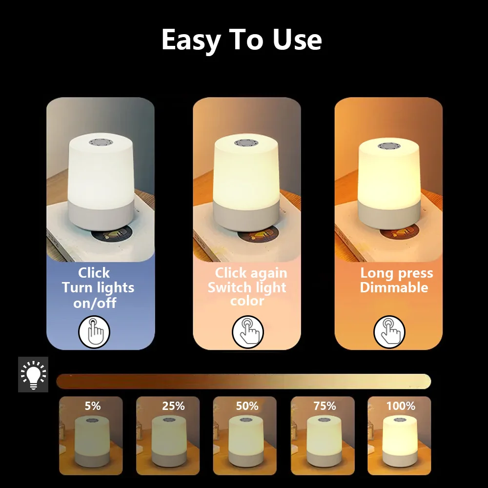 Luz nocturna táctil de carga LED, lámpara de mesa ambiental, lámpara de noche con protección ocular para dormir en el dormitorio