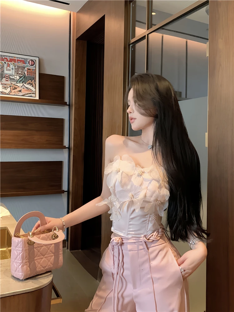 เสื้อกล้ามสายเดี่ยวสีชมพูสำหรับผู้หญิง เสื้อคลุมฤดูร้อน สไตล์ไทย เรียบหรู เซ็กซี่ โชว์ไหล่เดียว ทรงสวย ขนาดเล็ก