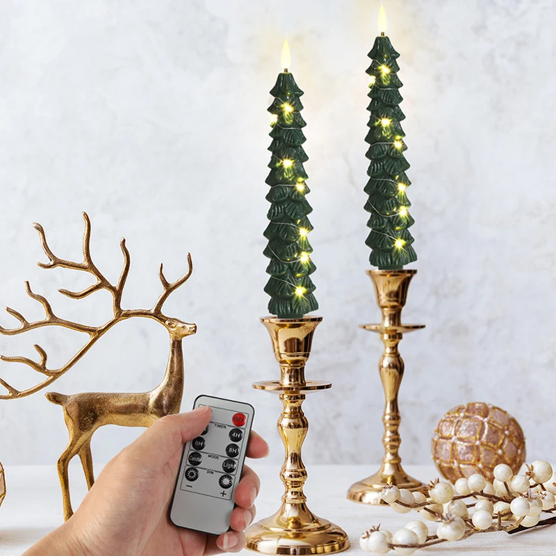 2x 3x Flameless taper Candles yellow Led Green Candlesticks & Timer Remote 24.5cm 3D Flickering Christmas Tree Flameless Candles