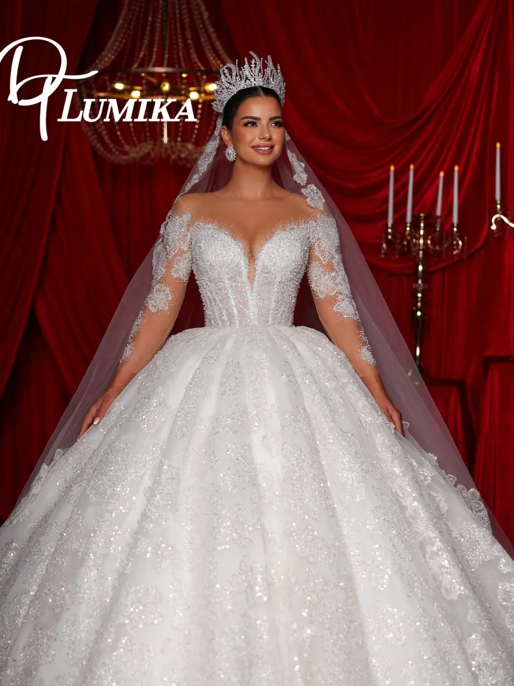 

Opulent Long Sleeve Gown Wedding Dress 2026 Luxurious Crystal Bridal Dress Majestic Glitter Lace Bridal Gown Vestidos De Novia